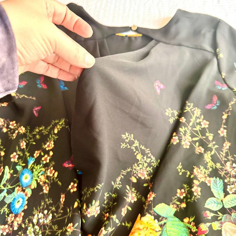 Meraki Floral Butterfly Birds Draped Open Back Blouse Black Large Cottage Whimsy